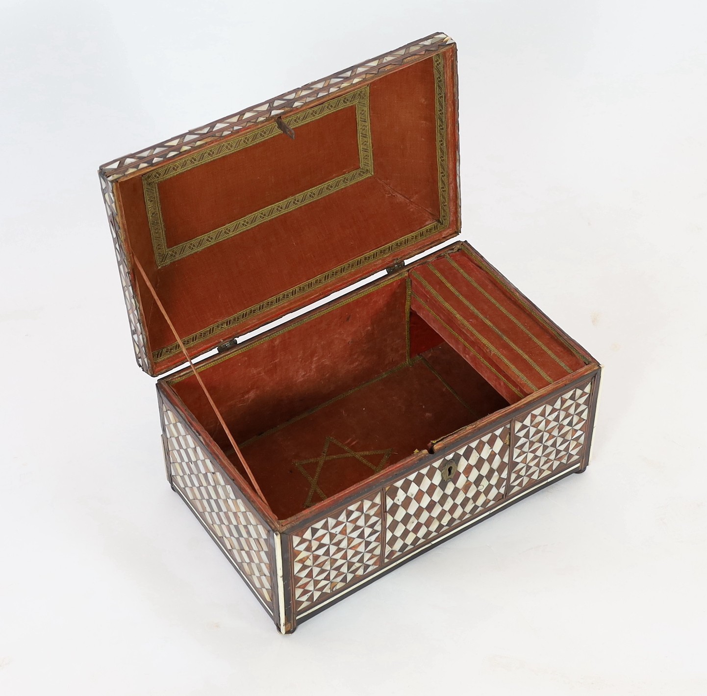 A late 18th/early 19th century Ottoman tortoiseshell and mother-of-pearl scribe’s casket, 49cm wide 30cm deep 31cm high